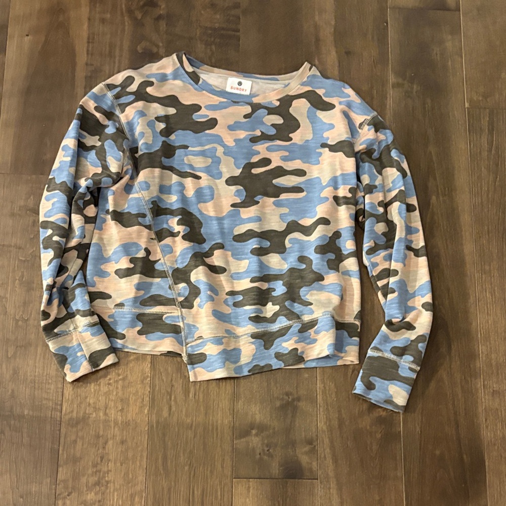 Sundry Camouflage Crewneck Top in Blue and Tan